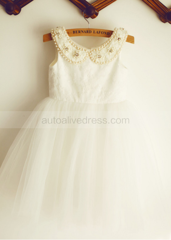 Beaded Peter Pan Collar Ivory Lace Tulle Vintage Flower Girl Dress